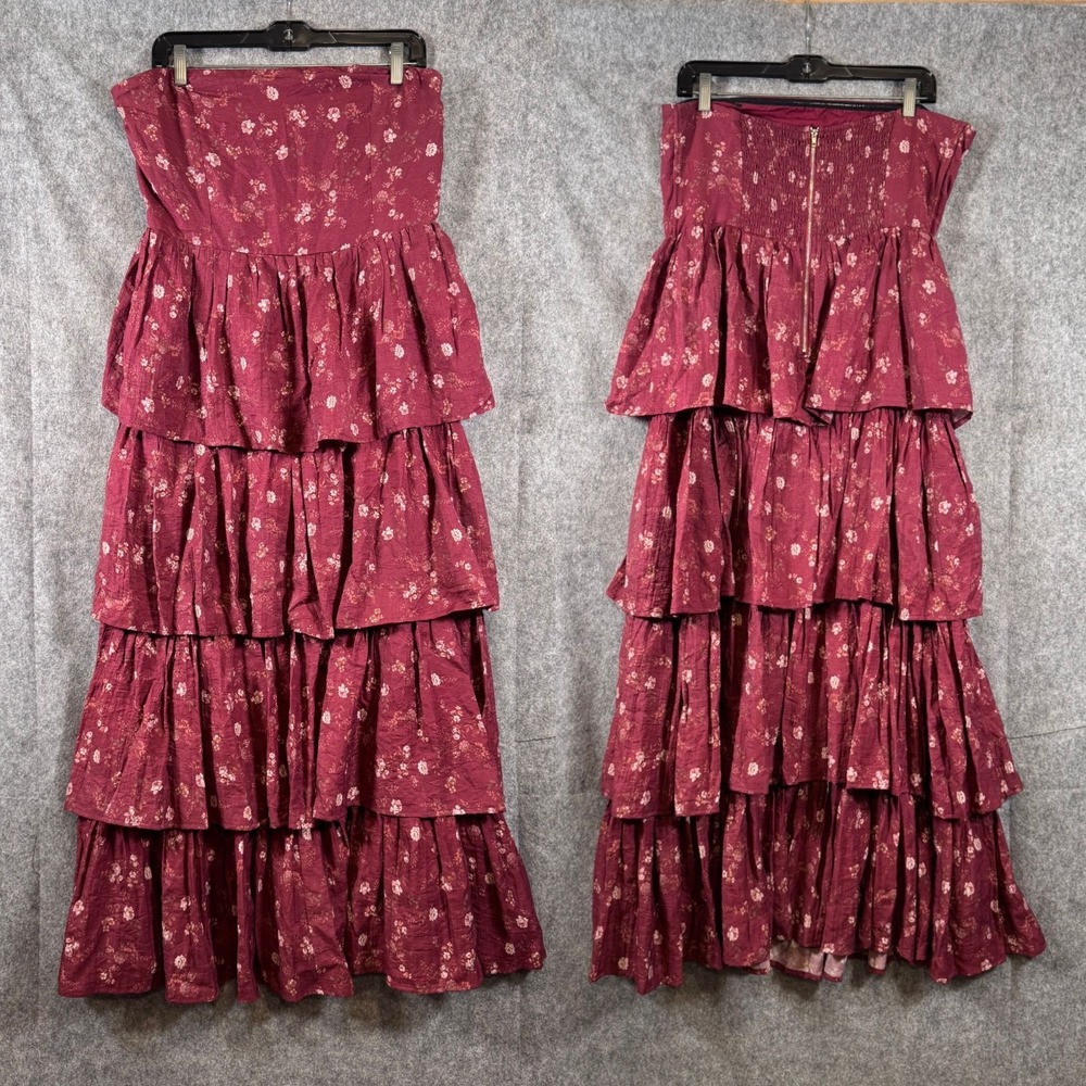 Altar'd State Darcy Strapless Floral Maxi Dress Tiered Boho Sz XL Wine Cottage - Picture 2 of 10